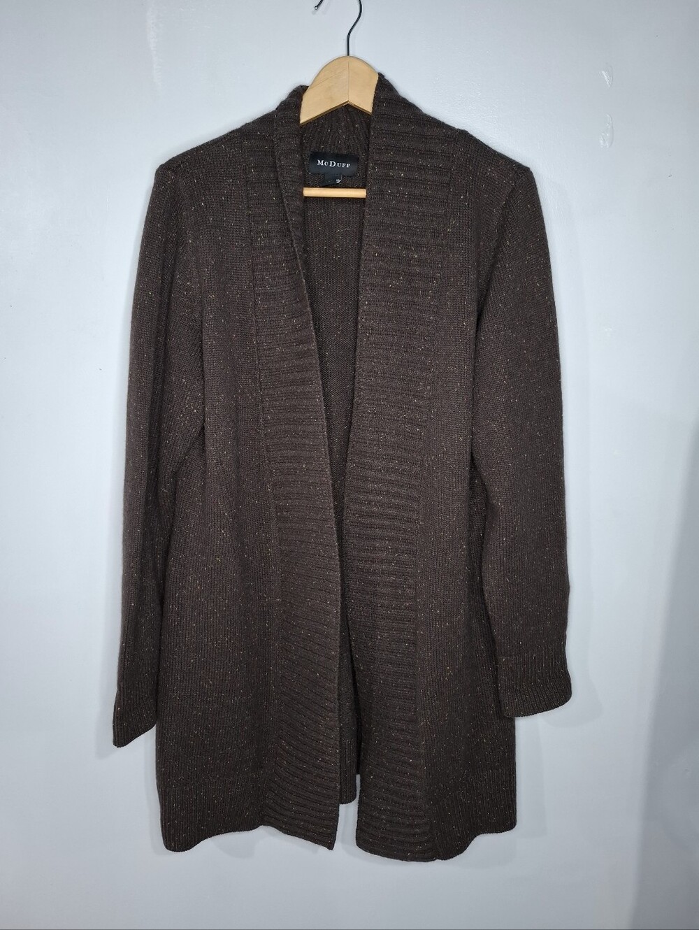 Mc Duff 100% Cashmere Open-Front Ribbed Collar Cardigan Chocolate Brown Sz XL